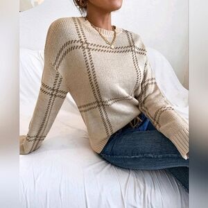 NEW Chic Plaid Pullover Knit Sweater Top Long Sleeve Beige Tan
